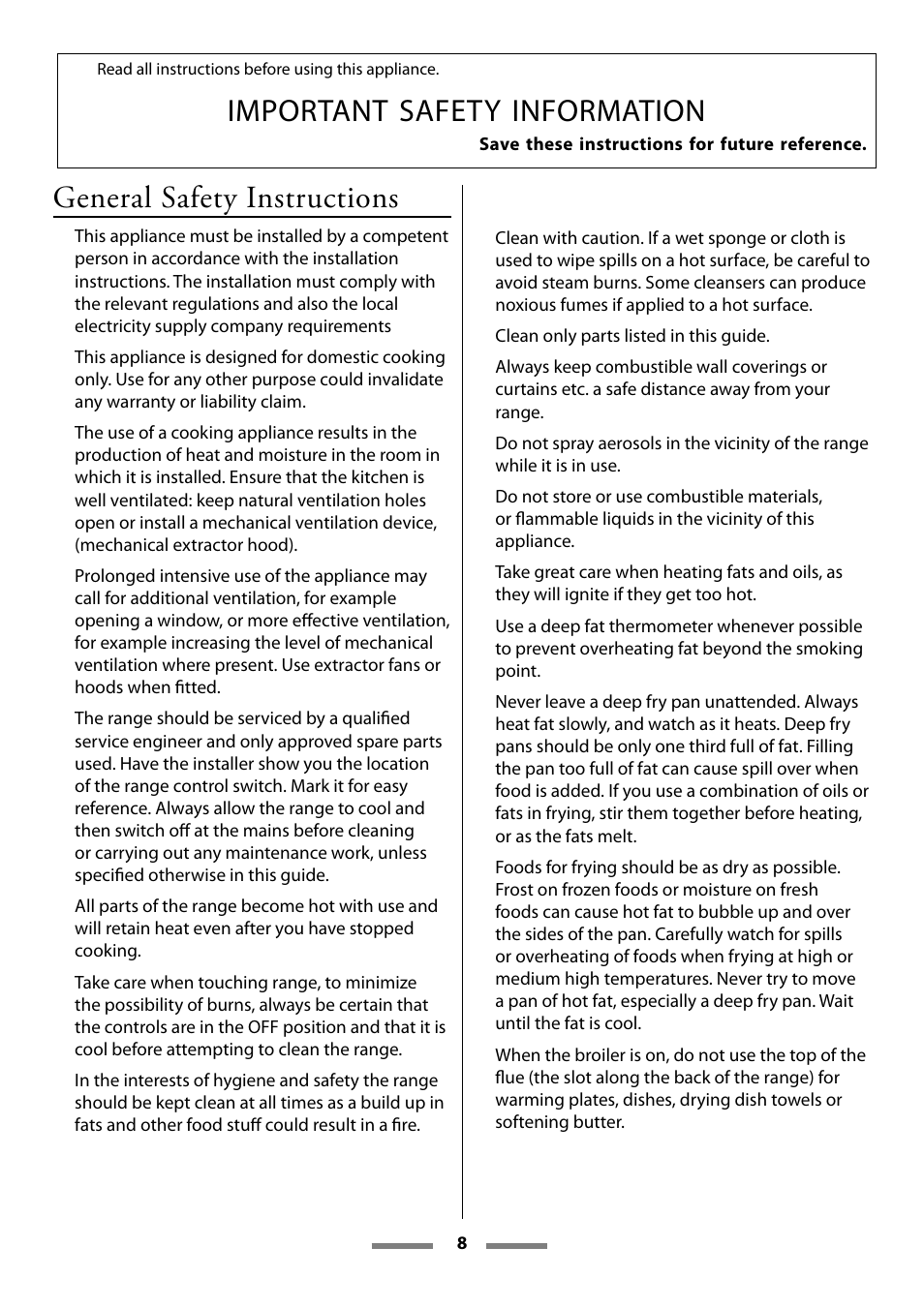 Important safety information, General safety instructions | Aga Ranges U107501-01 User Manual | Page 8 / 48
