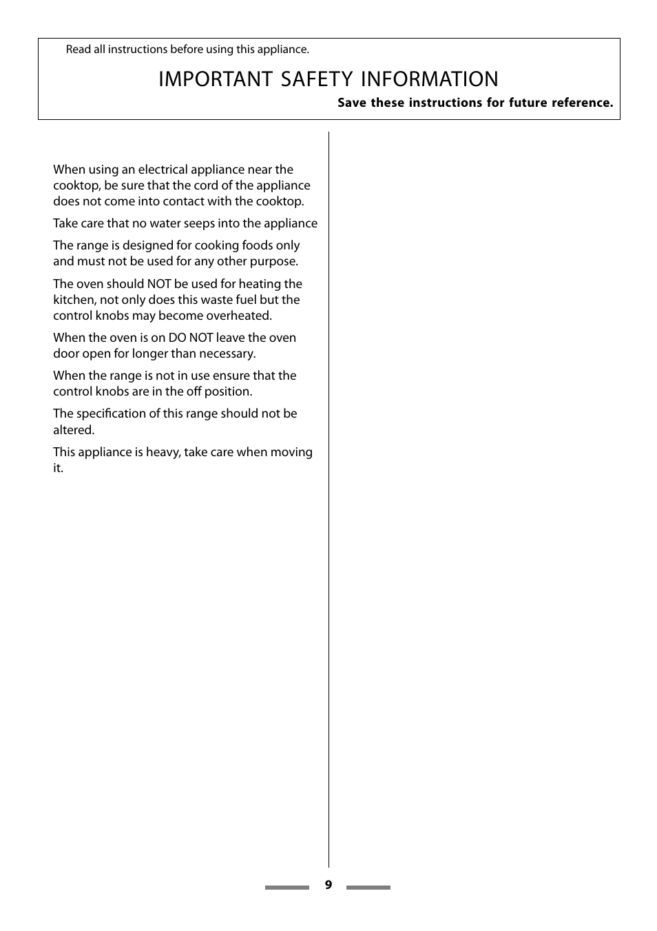 Important safety information | Aga Ranges U107501-01 User Manual | Page 9 / 48