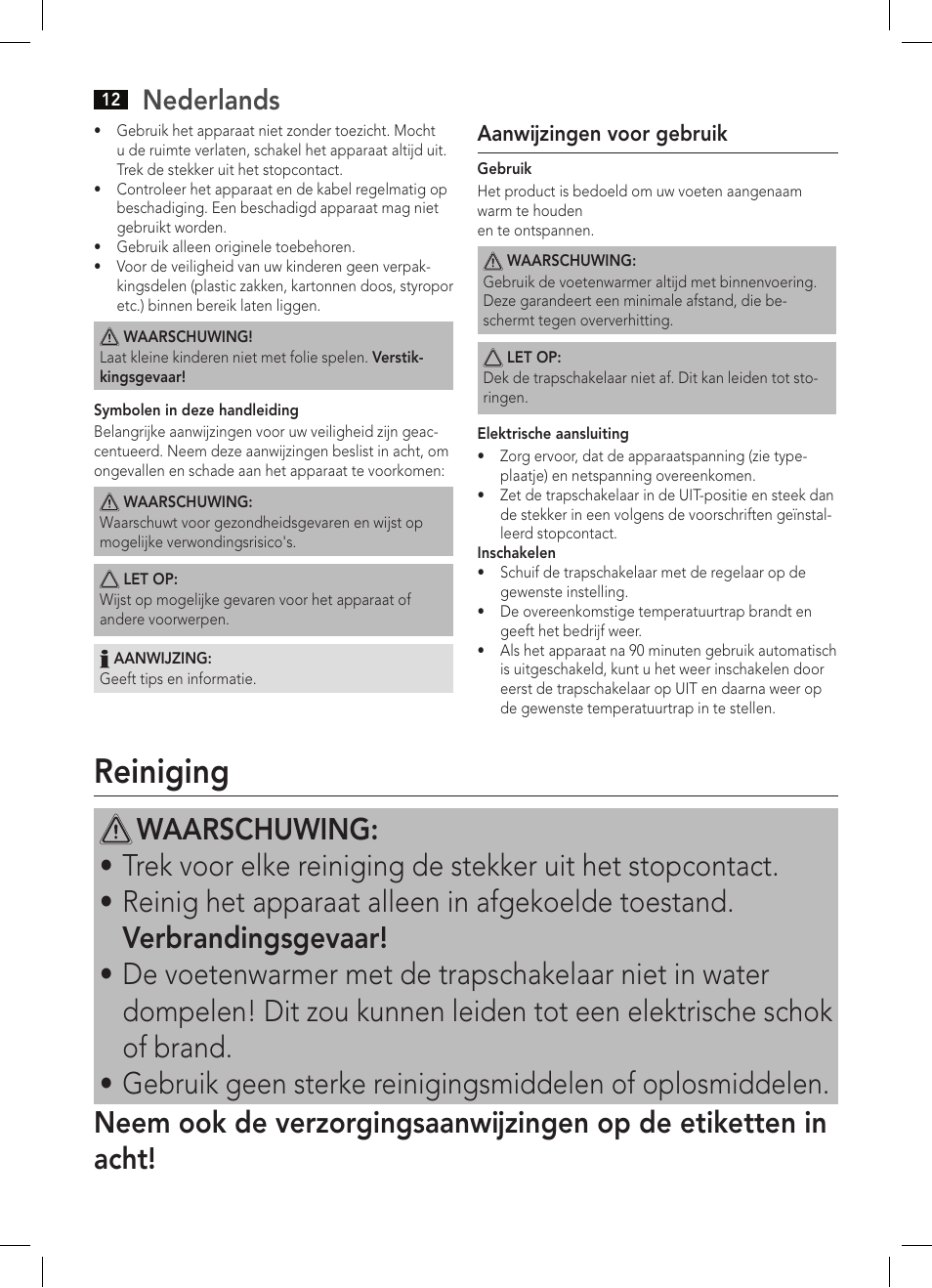 Reiniging, Nederlands | AEG FW 5645 User Manual | Page 12 / 66