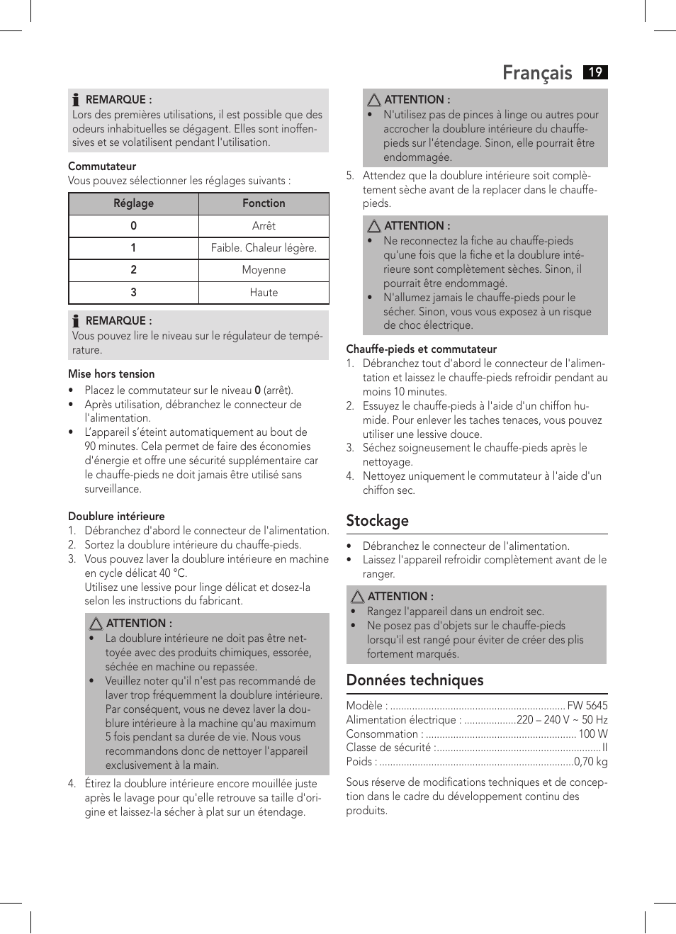 Français, Stockage, Données techniques | AEG FW 5645 User Manual | Page 19 / 66