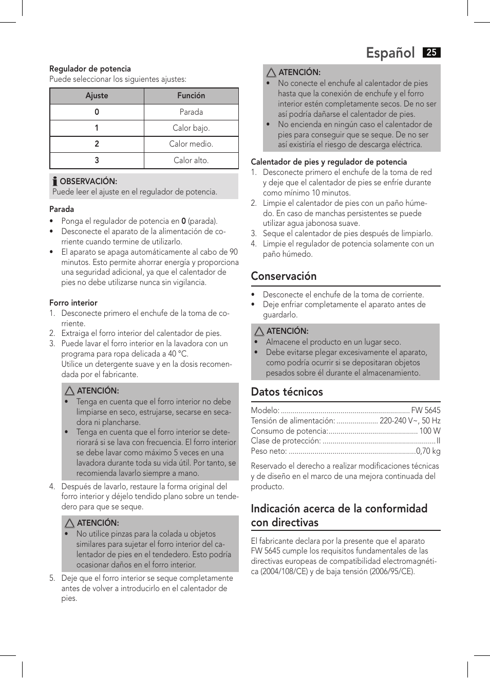 Español, Conservación, Datos técnicos | Indicación acerca de la conformidad con directivas | AEG FW 5645 User Manual | Page 25 / 66