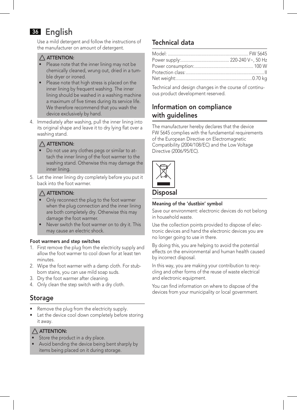 English, Storage, Technical data | Information on compliance with guidelines, Disposal | AEG FW 5645 User Manual | Page 36 / 66