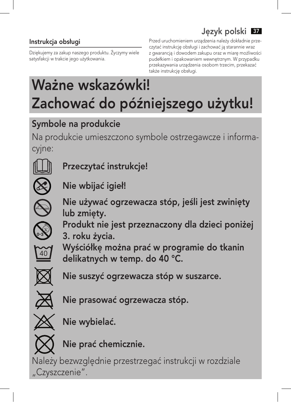 Ważne wskazówki! zachować do późniejszego użytku | AEG FW 5645 User Manual | Page 37 / 66