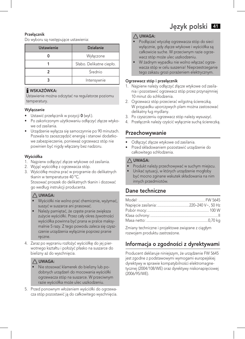 Język polski, Przechowywanie, Dane techniczne | Informacja o zgodności z dyrektywami | AEG FW 5645 User Manual | Page 41 / 66