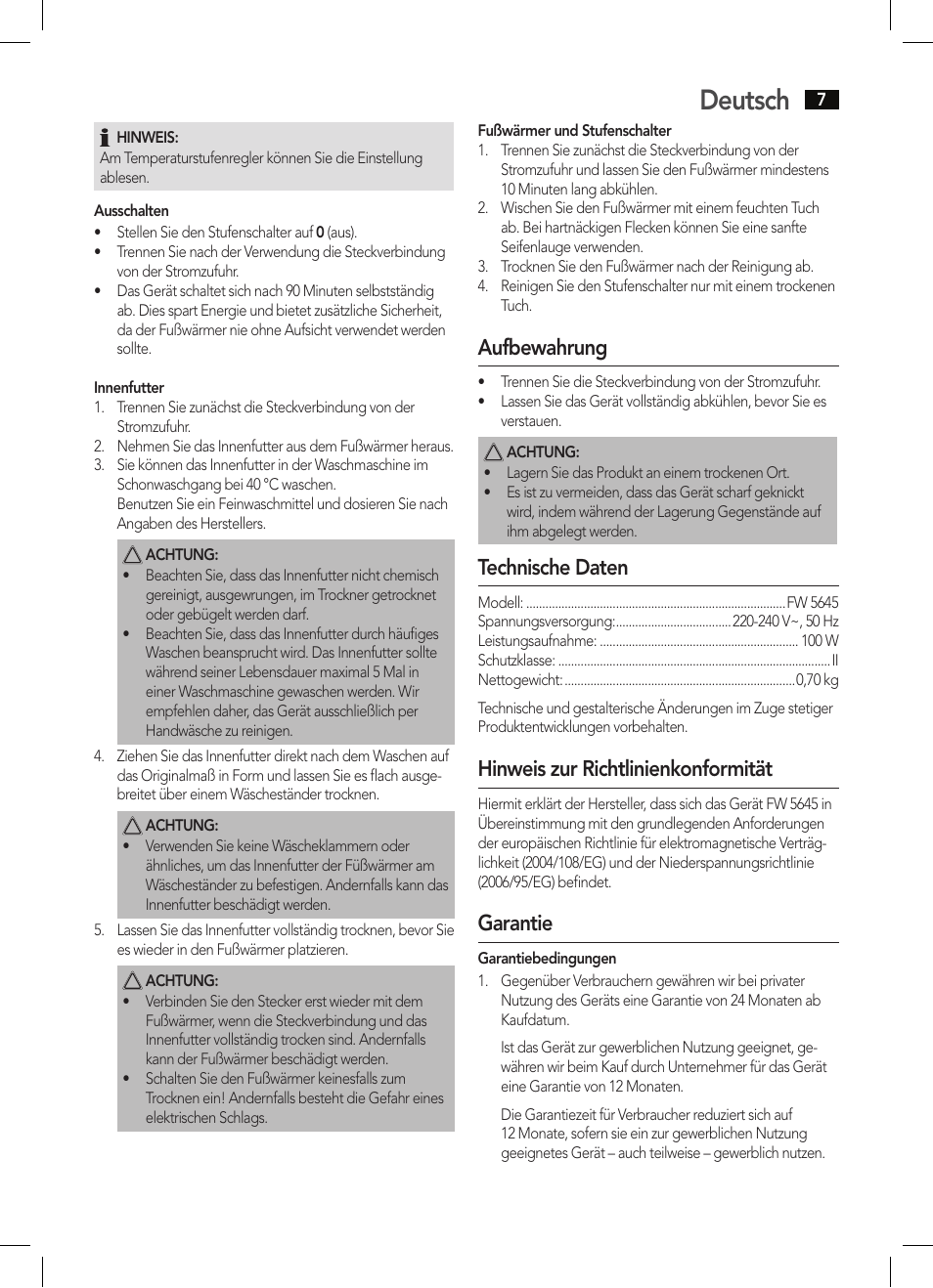 Deutsch, Aufbewahrung, Technische daten | Hinweis zur richtlinienkonformität, Garantie | AEG FW 5645 User Manual | Page 7 / 66