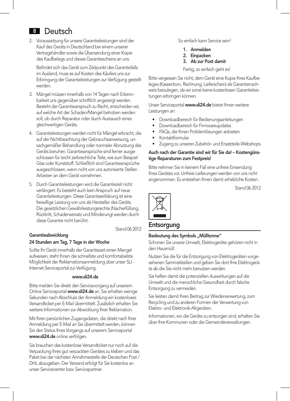 Deutsch, Entsorgung | AEG FW 5645 User Manual | Page 8 / 66