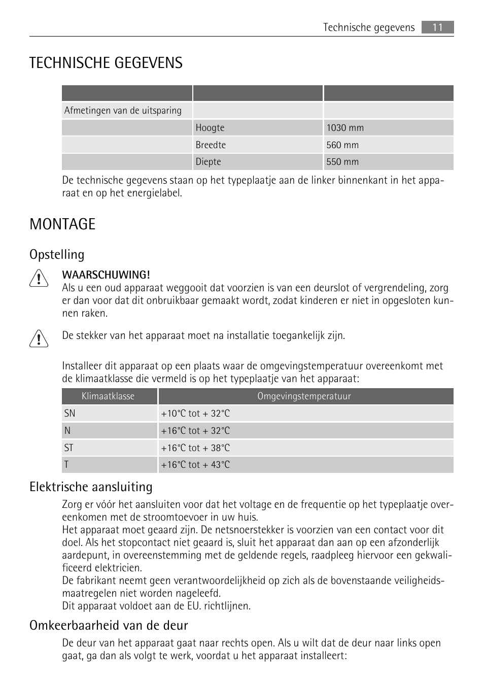 Technische gegevens, Montage, Opstelling | Elektrische aansluiting, Omkeerbaarheid van de deur | AEG SKD81840S1 User Manual | Page 11 / 84