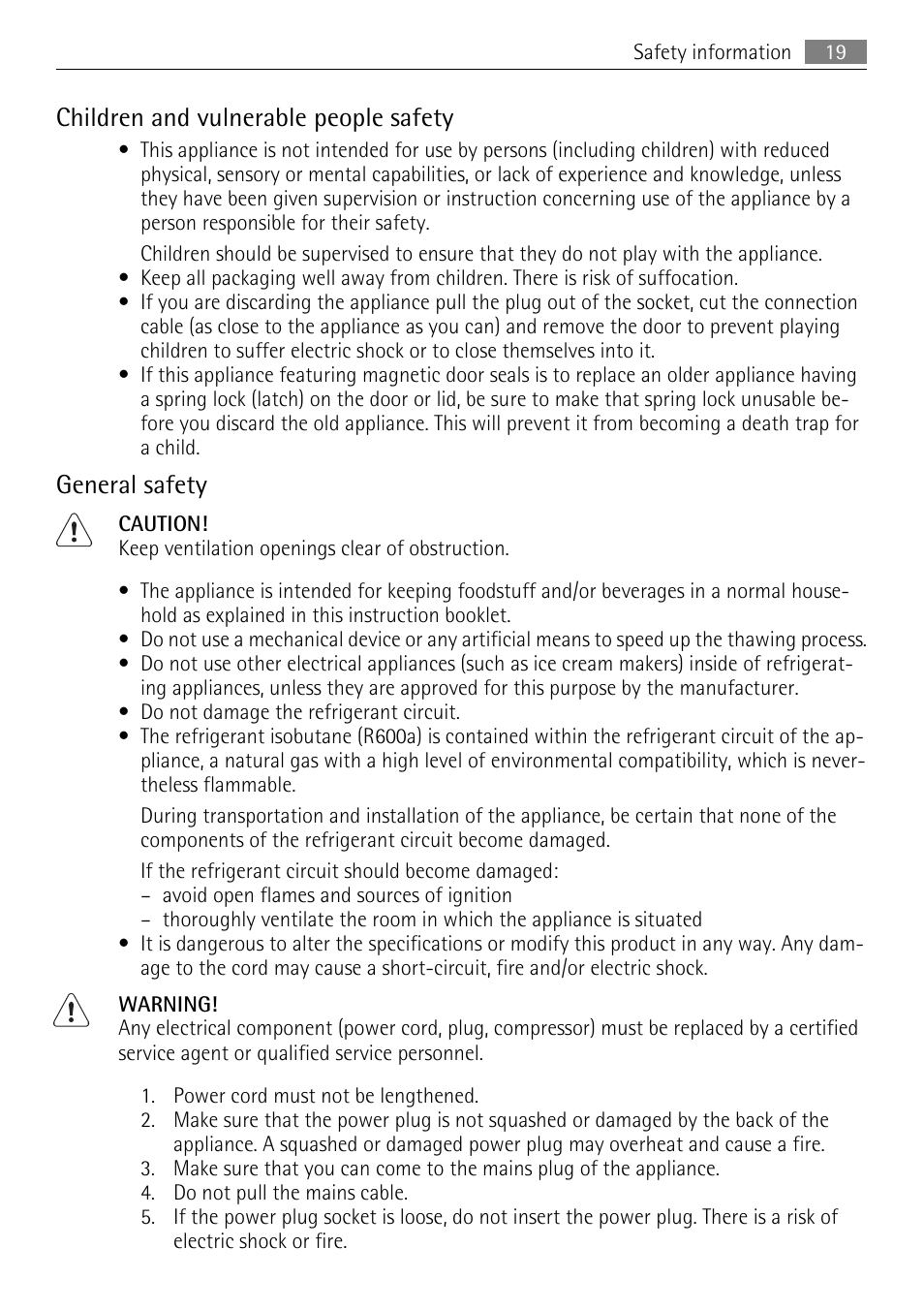 Children and vulnerable people safety, General safety | AEG SKD81840S1 User Manual | Page 19 / 84