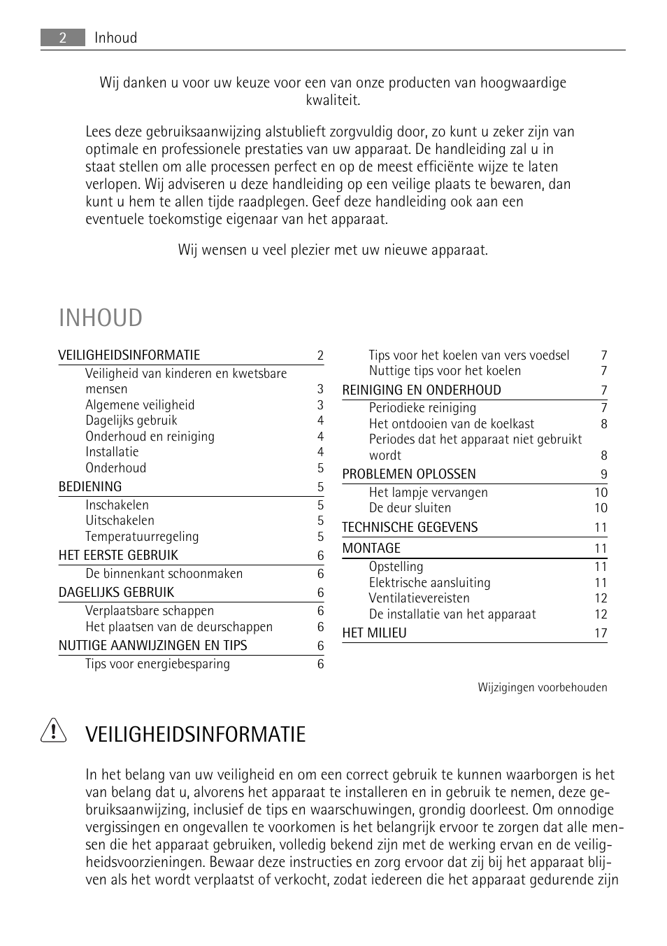 Inhoud, Veiligheidsinformatie | AEG SKD81840S1 User Manual | Page 2 / 84