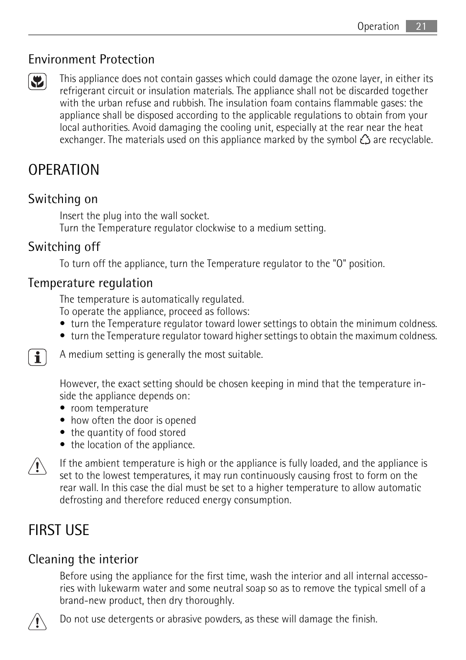 Operation, First use, Environment protection | Switching on, Switching off, Temperature regulation, Cleaning the interior | AEG SKD81840S1 User Manual | Page 21 / 84