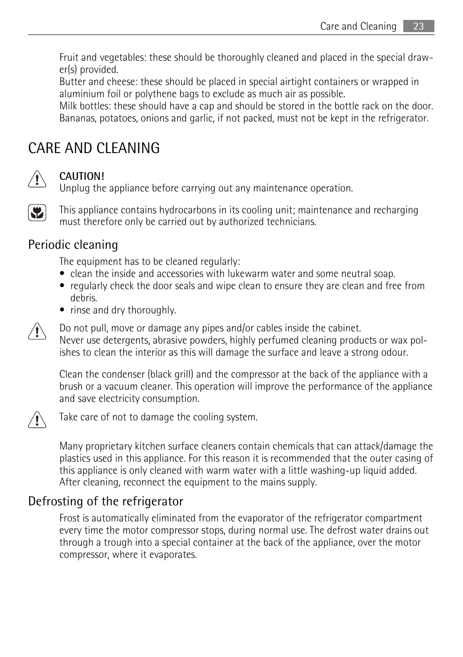 Care and cleaning, Periodic cleaning, Defrosting of the refrigerator | AEG SKD81840S1 User Manual | Page 23 / 84