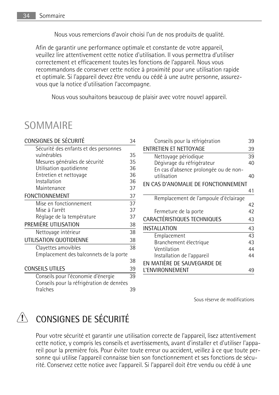 Sommaire, Consignes de sécurité | AEG SKD81840S1 User Manual | Page 34 / 84