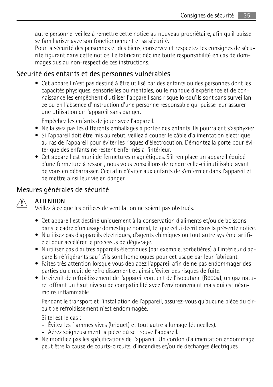 Sécurité des enfants et des personnes vulnérables, Mesures générales de sécurité | AEG SKD81840S1 User Manual | Page 35 / 84