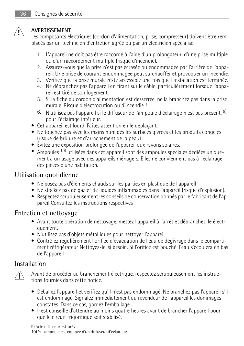 Utilisation quotidienne, Entretien et nettoyage, Installation | AEG SKD81840S1 User Manual | Page 36 / 84