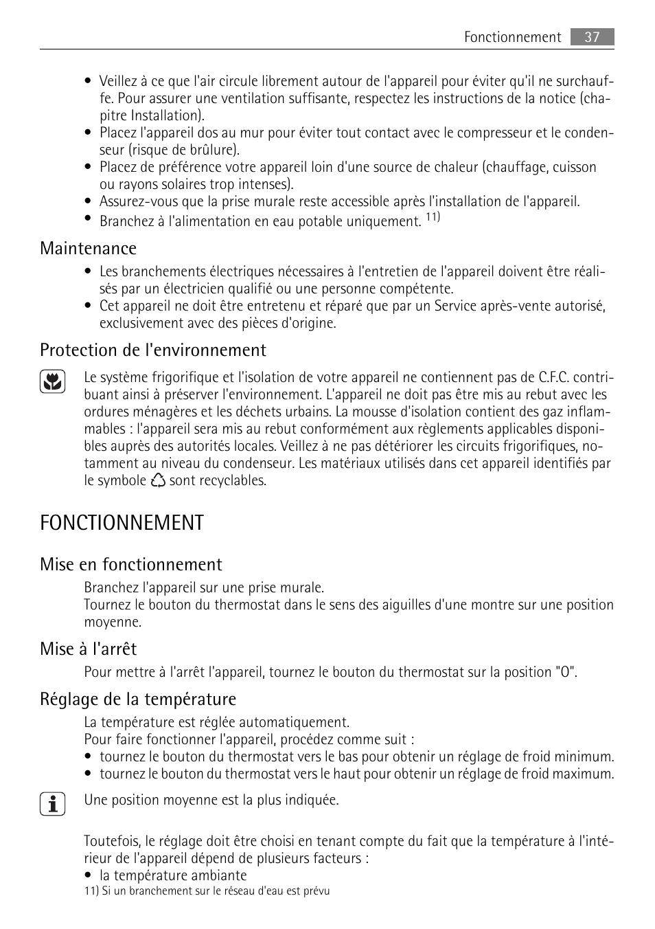 Fonctionnement, Maintenance, Protection de l'environnement | Mise en fonctionnement, Mise à l'arrêt, Réglage de la température | AEG SKD81840S1 User Manual | Page 37 / 84