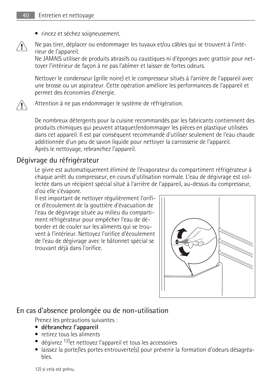 Dégivrage du réfrigérateur, En cas d'absence prolongée ou de non-utilisation | AEG SKD81840S1 User Manual | Page 40 / 84