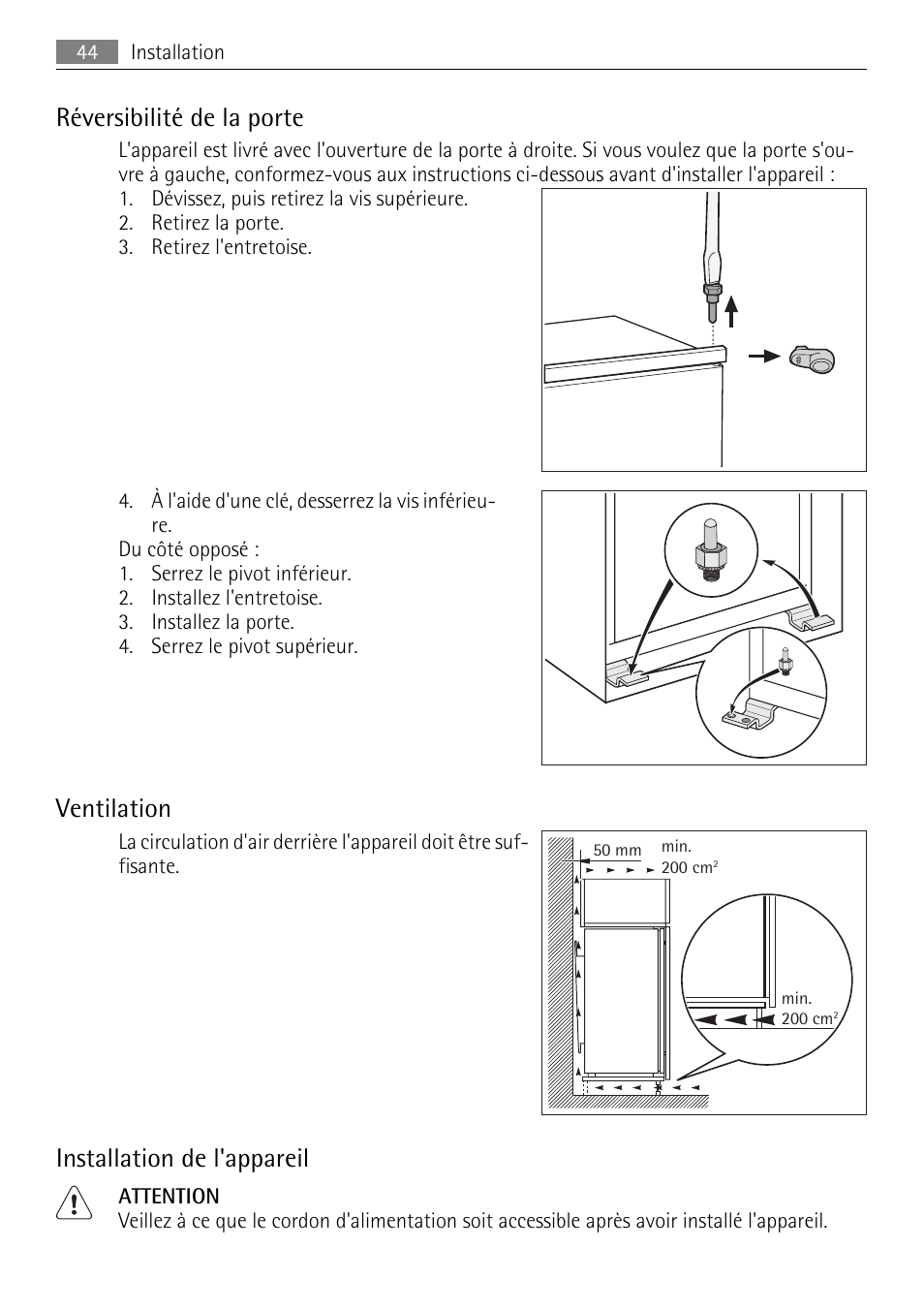 Réversibilité de la porte, Ventilation, Installation de l'appareil | AEG SKD81840S1 User Manual | Page 44 / 84