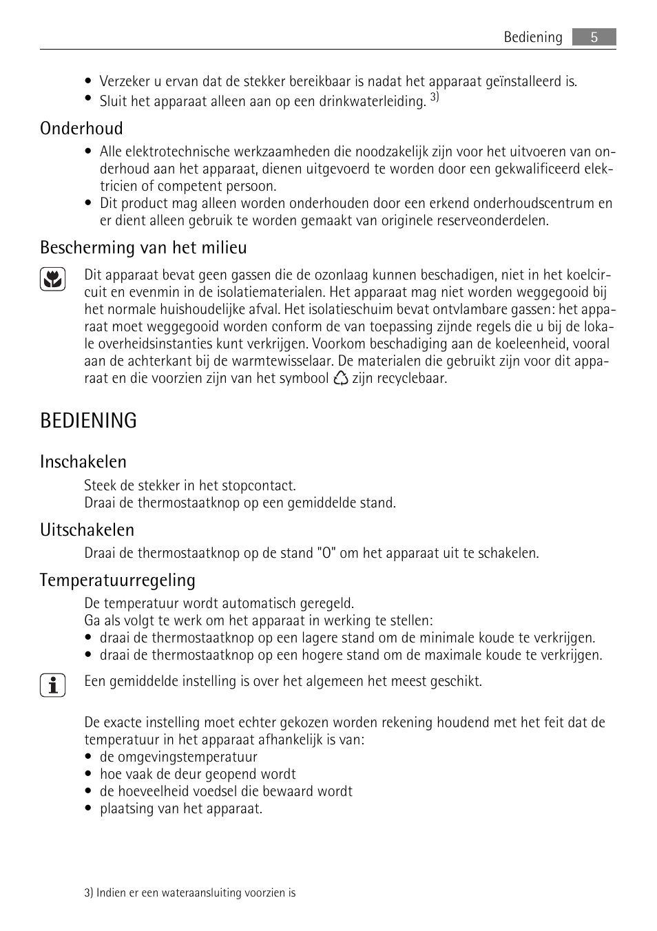 Bediening, Onderhoud, Bescherming van het milieu | Inschakelen, Uitschakelen, Temperatuurregeling | AEG SKD81840S1 User Manual | Page 5 / 84