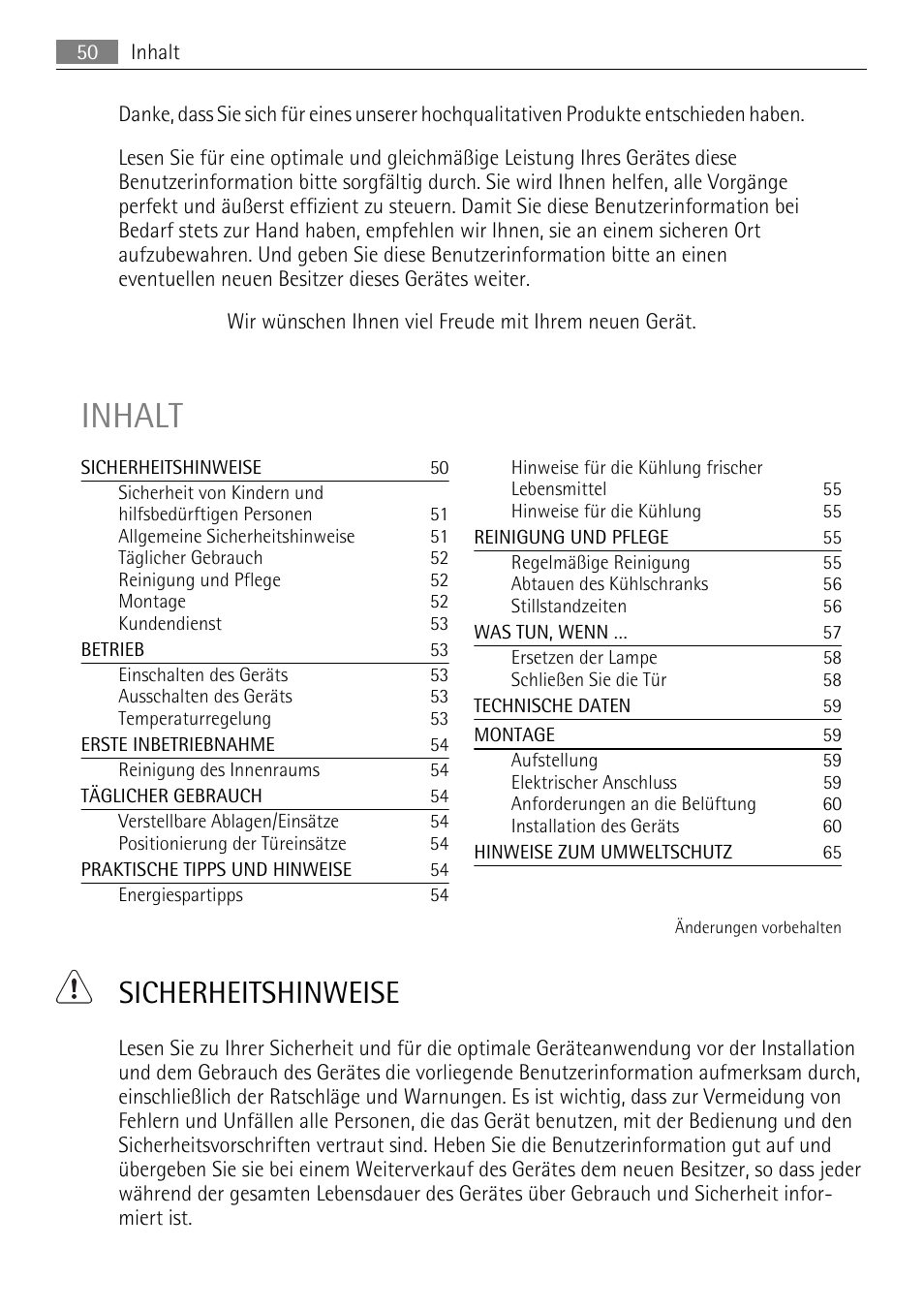 Inhalt, Sicherheitshinweise | AEG SKD81840S1 User Manual | Page 50 / 84