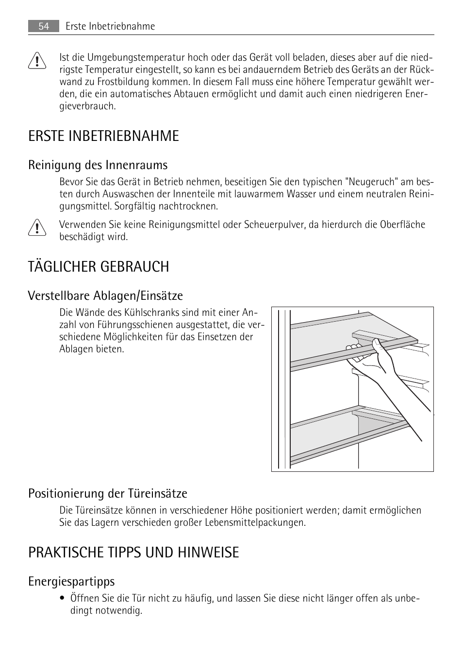 Erste inbetriebnahme, Täglicher gebrauch, Praktische tipps und hinweise | AEG SKD81840S1 User Manual | Page 54 / 84