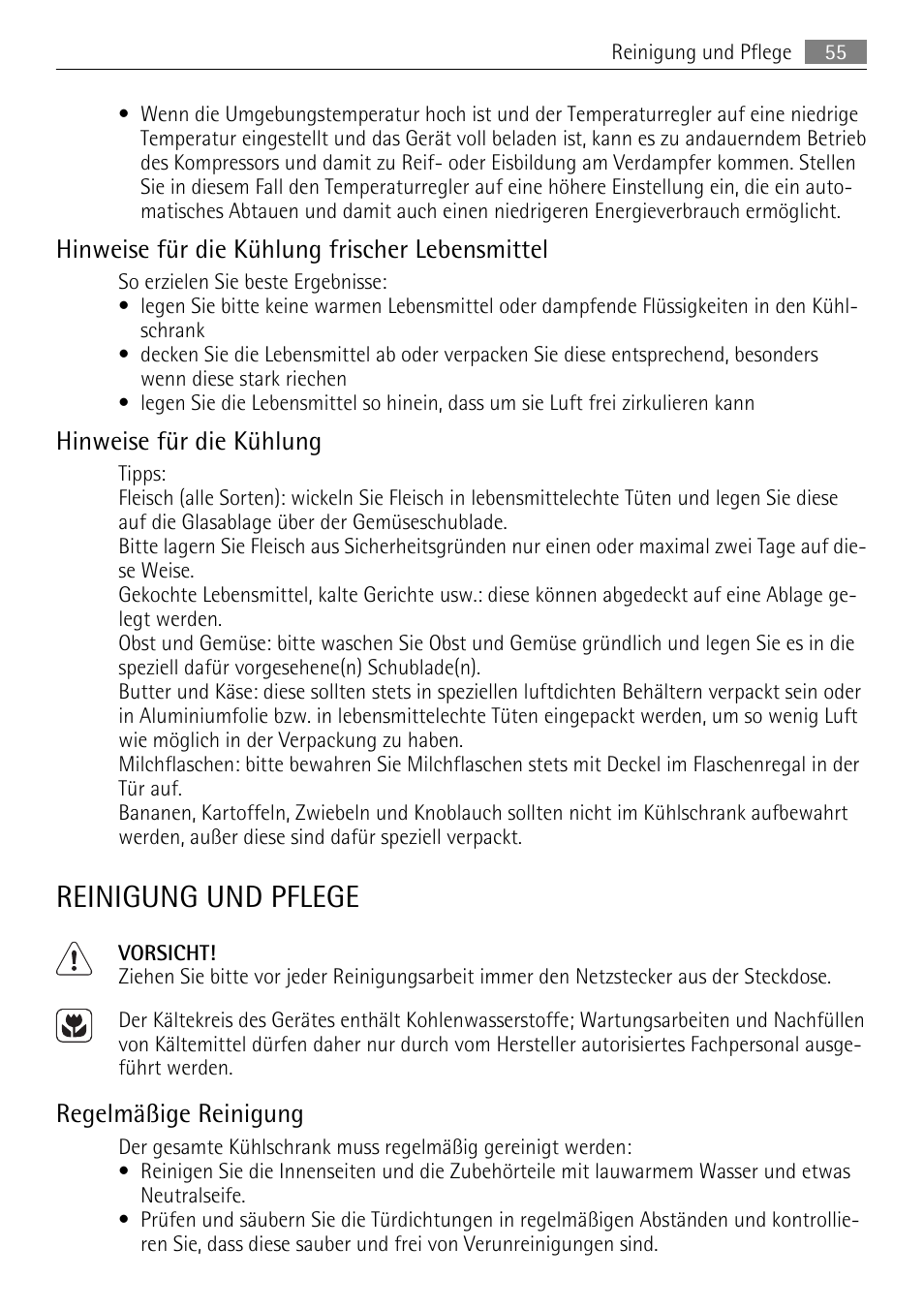 Reinigung und pflege, Hinweise für die kühlung frischer lebensmittel, Hinweise für die kühlung | Regelmäßige reinigung | AEG SKD81840S1 User Manual | Page 55 / 84