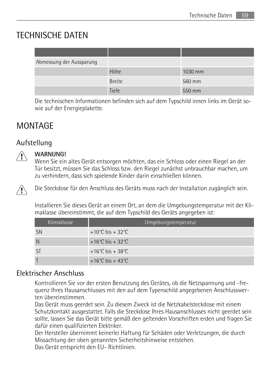 Technische daten, Montage, Aufstellung | Elektrischer anschluss | AEG SKD81840S1 User Manual | Page 59 / 84