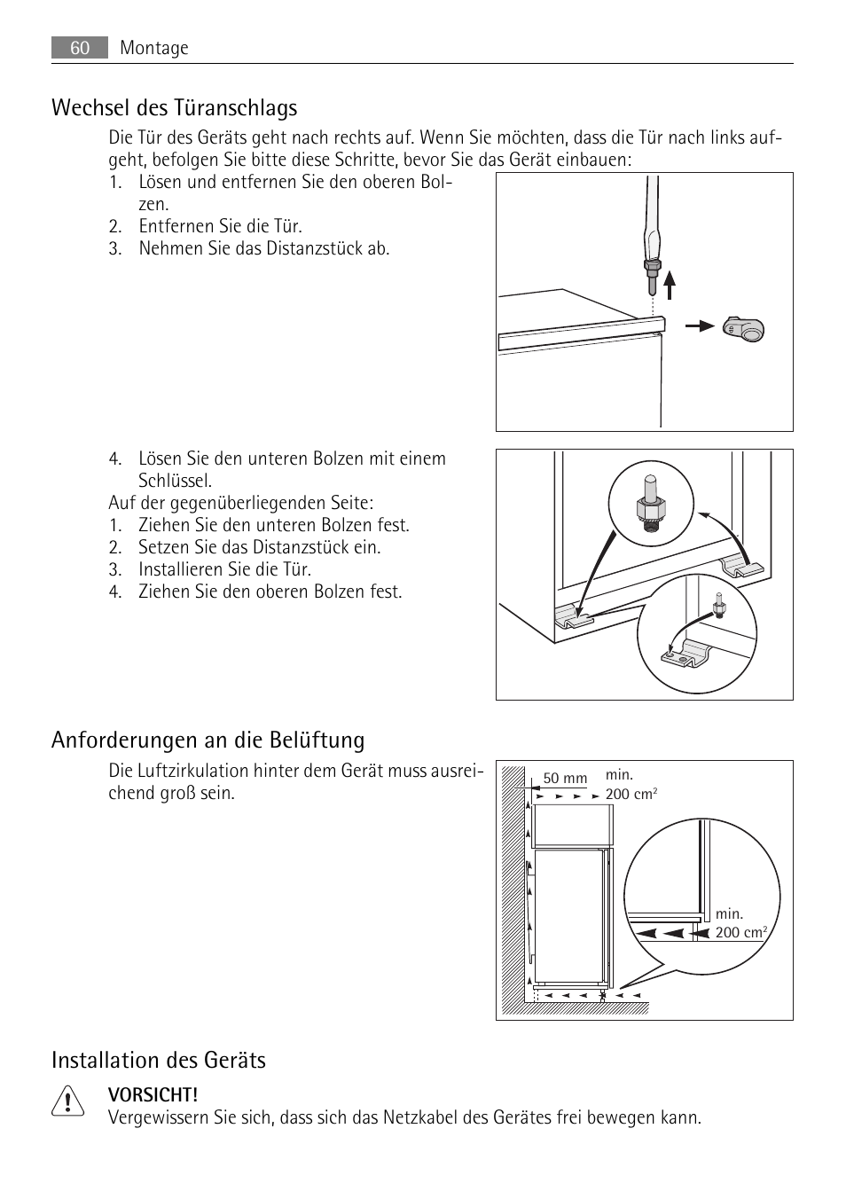 Wechsel des türanschlags, Anforderungen an die belüftung, Installation des geräts | AEG SKD81840S1 User Manual | Page 60 / 84