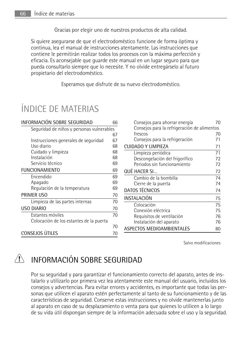 Índice de materias, Información sobre seguridad | AEG SKD81840S1 User Manual | Page 66 / 84