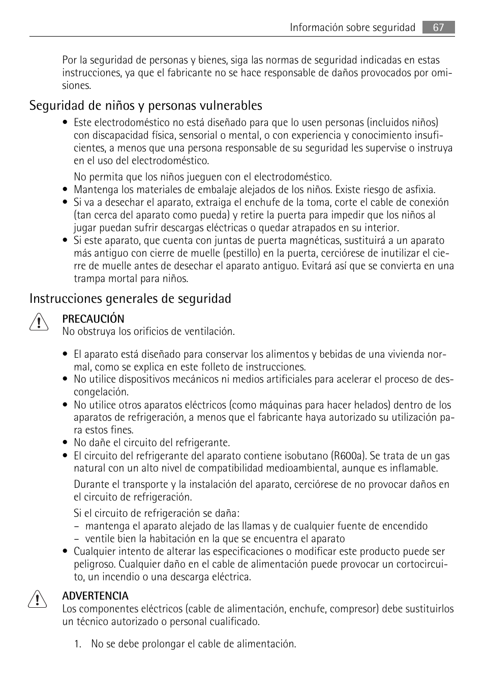 Seguridad de niños y personas vulnerables, Instrucciones generales de seguridad | AEG SKD81840S1 User Manual | Page 67 / 84