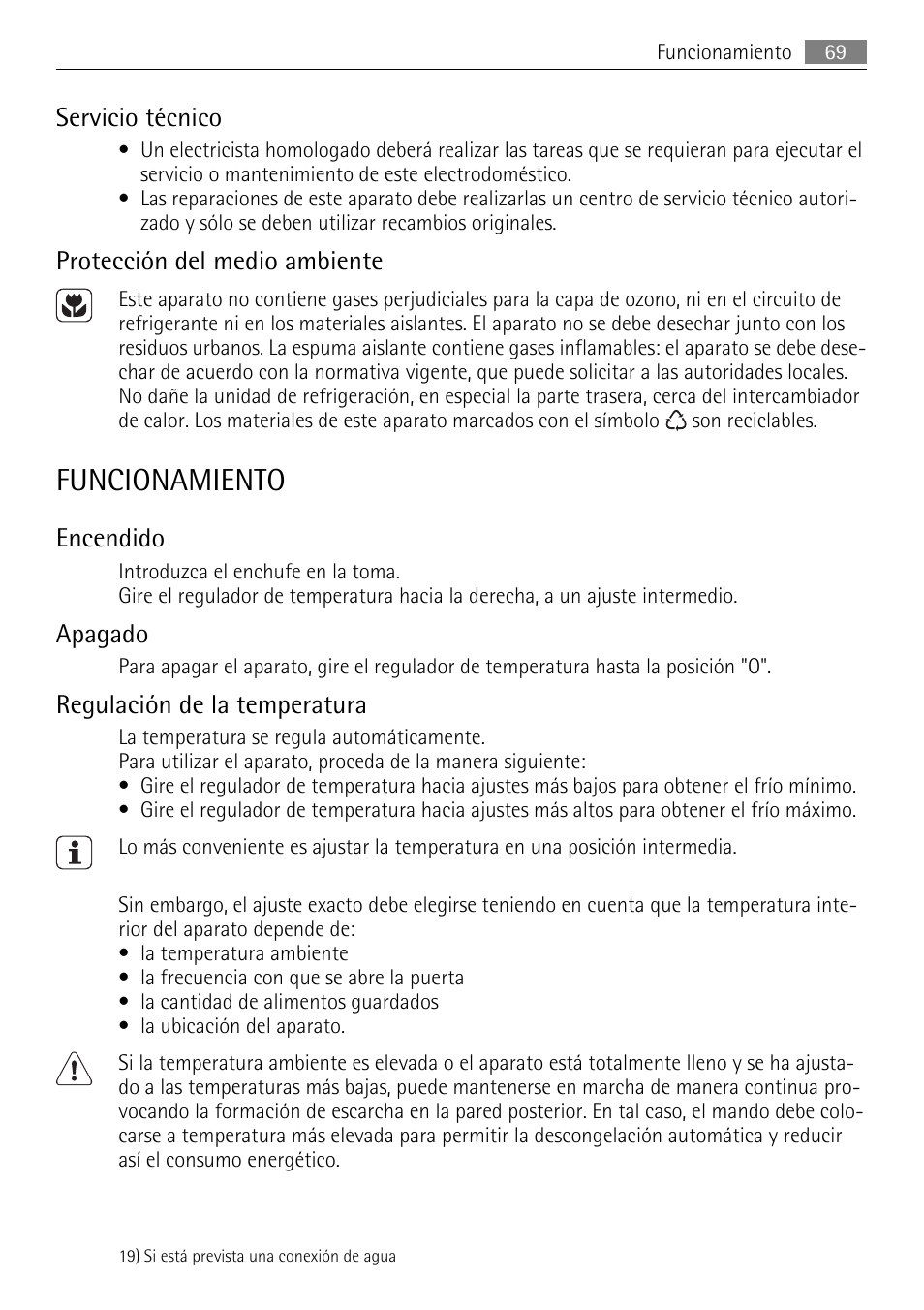 Funcionamiento, Servicio técnico, Protección del medio ambiente | Encendido, Apagado, Regulación de la temperatura | AEG SKD81840S1 User Manual | Page 69 / 84