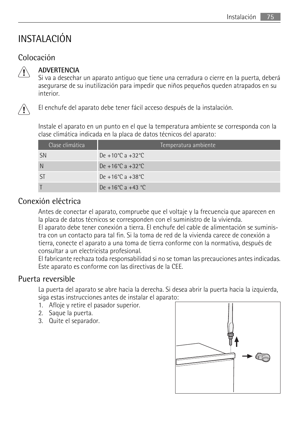 Instalación, Colocación, Conexión eléctrica | Puerta reversible | AEG SKD81840S1 User Manual | Page 75 / 84