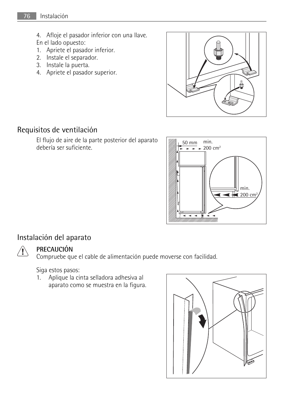 Requisitos de ventilación, Instalación del aparato | AEG SKD81840S1 User Manual | Page 76 / 84