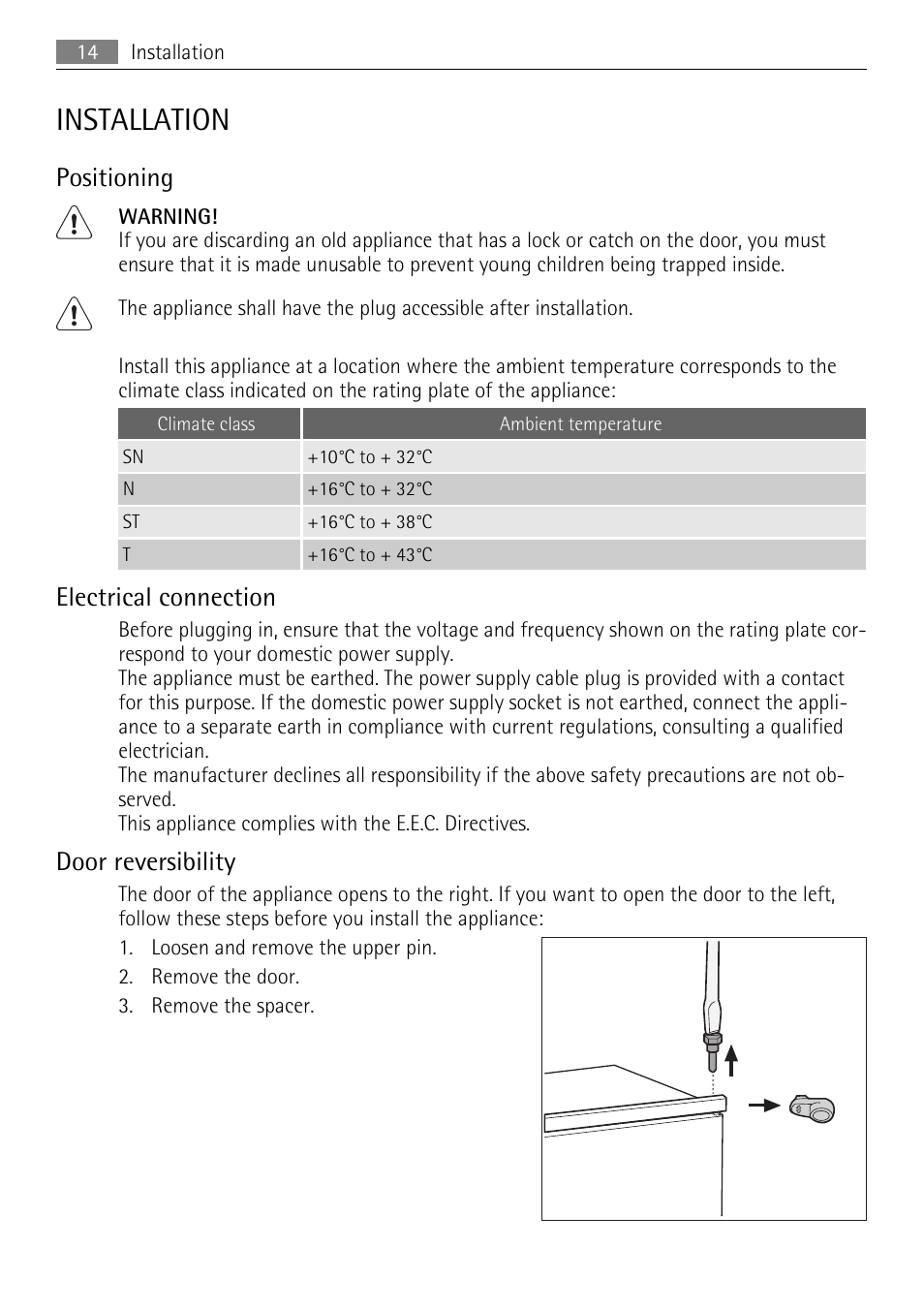 Installation, Positioning, Electrical connection | Door reversibility | AEG AGS58200F0 User Manual | Page 14 / 84