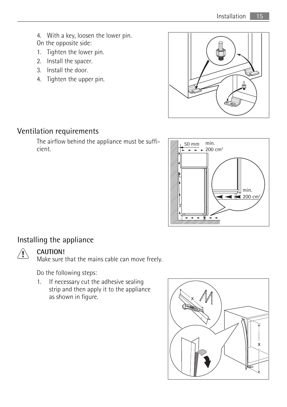 Ventilation requirements, Installing the appliance | AEG AGS58200F0 User Manual | Page 15 / 84