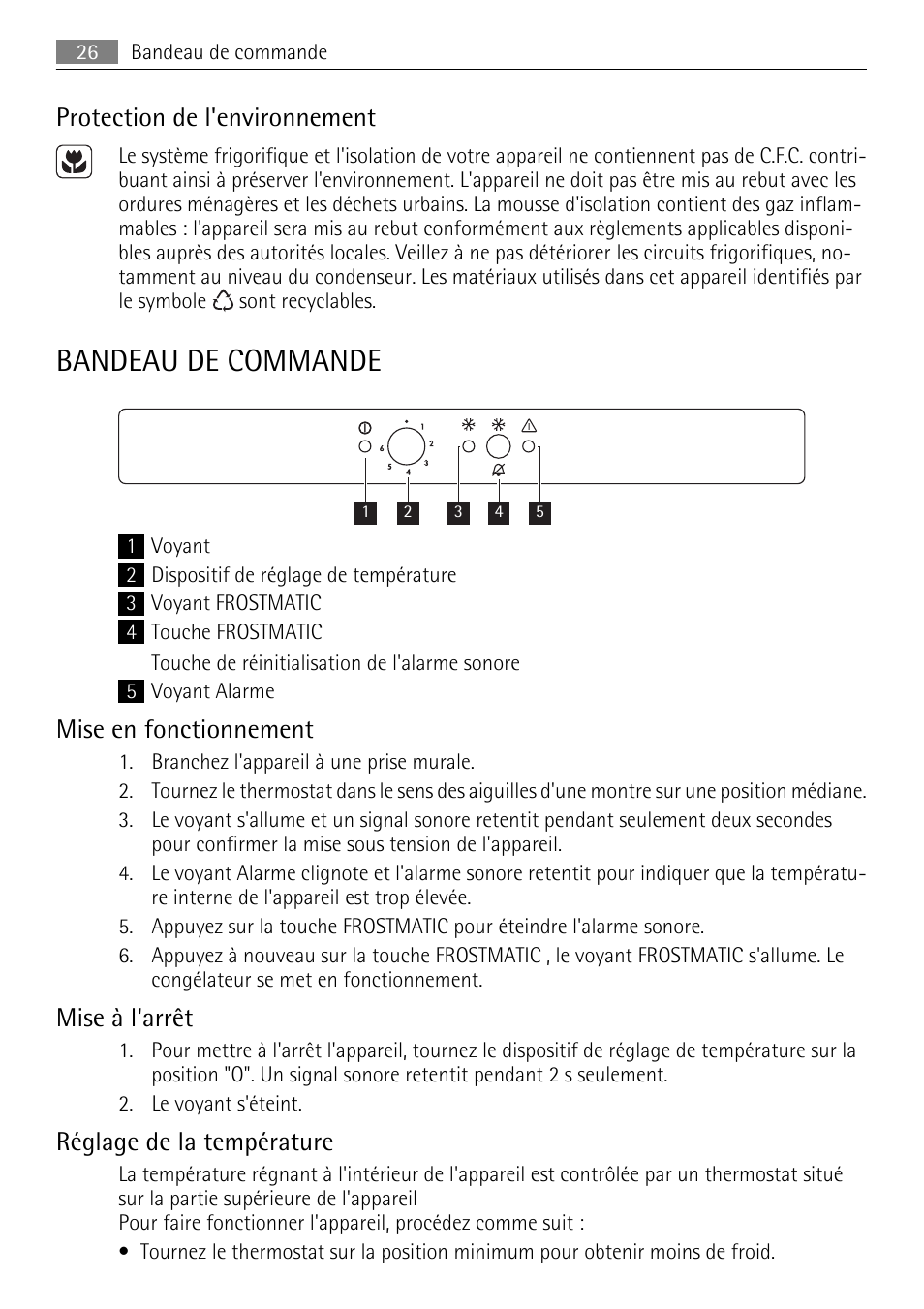 Bandeau de commande, Protection de l'environnement, Mise en fonctionnement | Mise à l'arrêt, Réglage de la température | AEG AGS58200F0 User Manual | Page 26 / 84