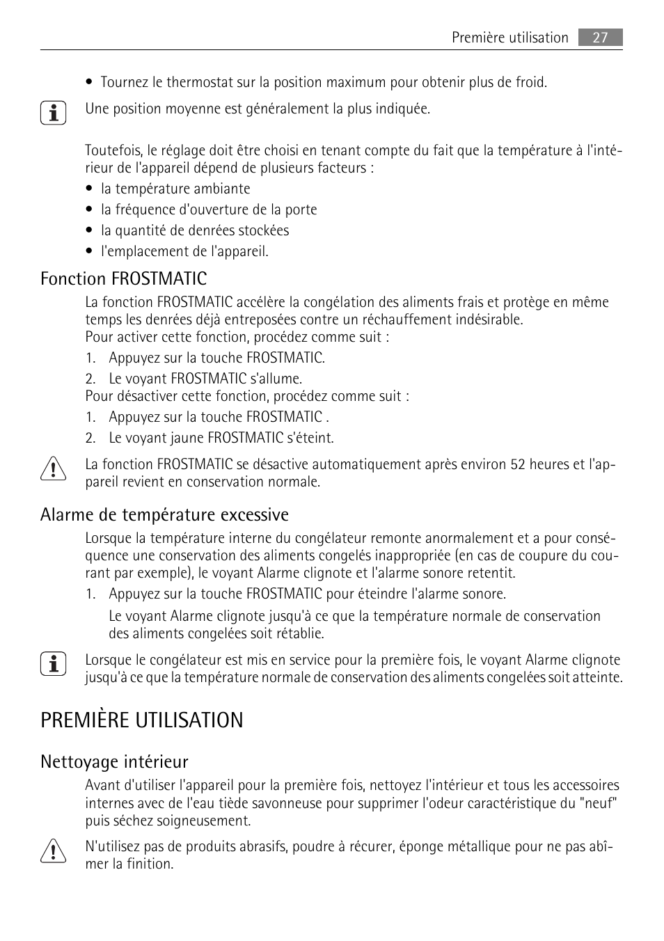 Première utilisation, Fonction frostmatic, Alarme de température excessive | Nettoyage intérieur | AEG AGS58200F0 User Manual | Page 27 / 84