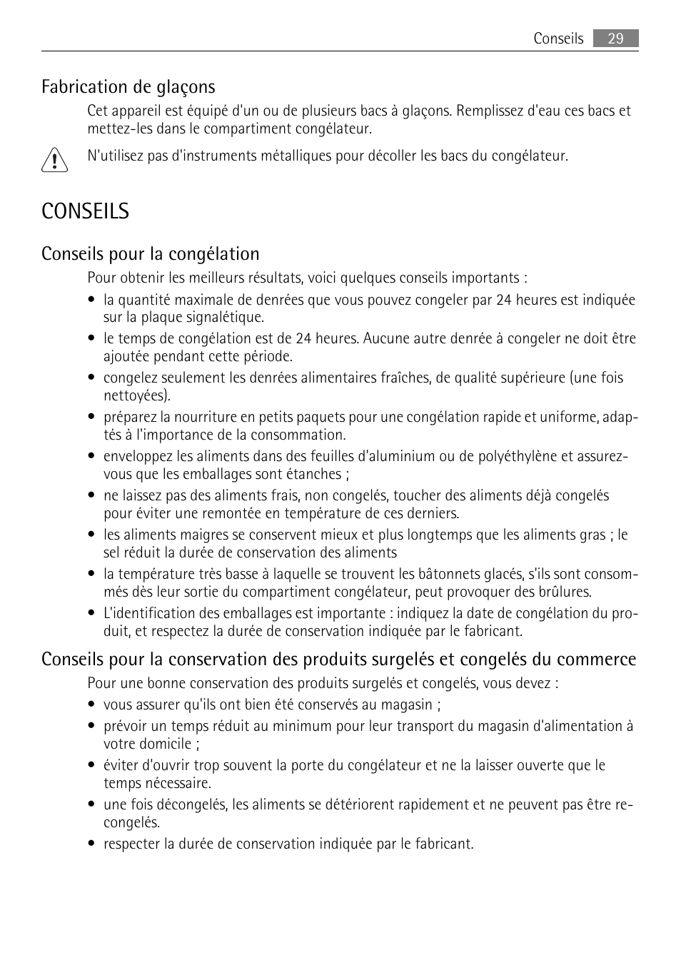 Conseils, Fabrication de glaçons, Conseils pour la congélation | AEG AGS58200F0 User Manual | Page 29 / 84