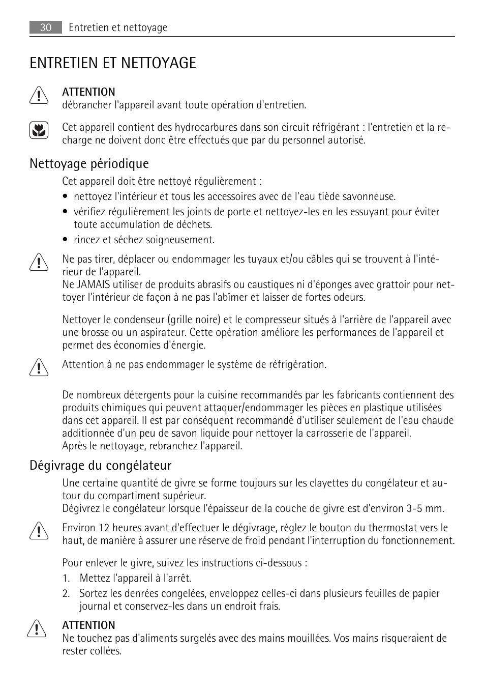 Entretien et nettoyage, Nettoyage périodique, Dégivrage du congélateur | AEG AGS58200F0 User Manual | Page 30 / 84