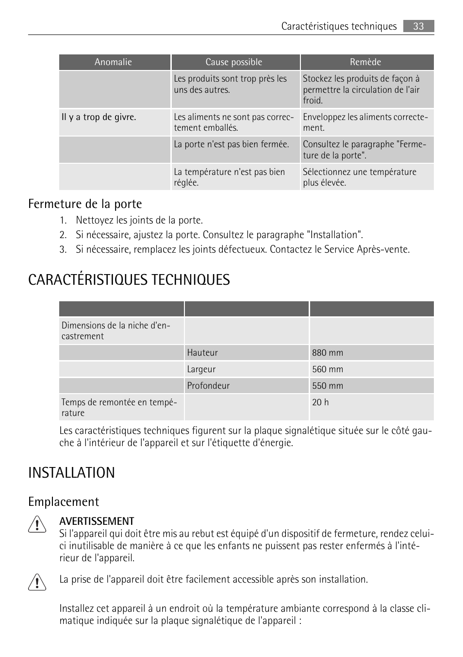 Caractéristiques techniques, Installation, Fermeture de la porte | Emplacement | AEG AGS58200F0 User Manual | Page 33 / 84