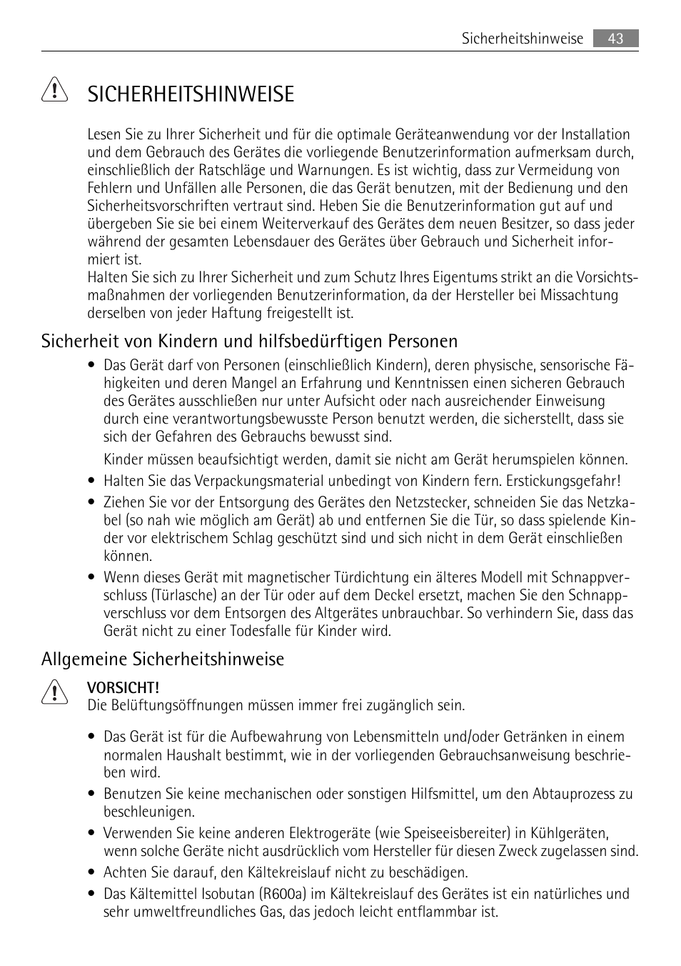 Sicherheitshinweise, Allgemeine sicherheitshinweise | AEG AGS58200F0 User Manual | Page 43 / 84