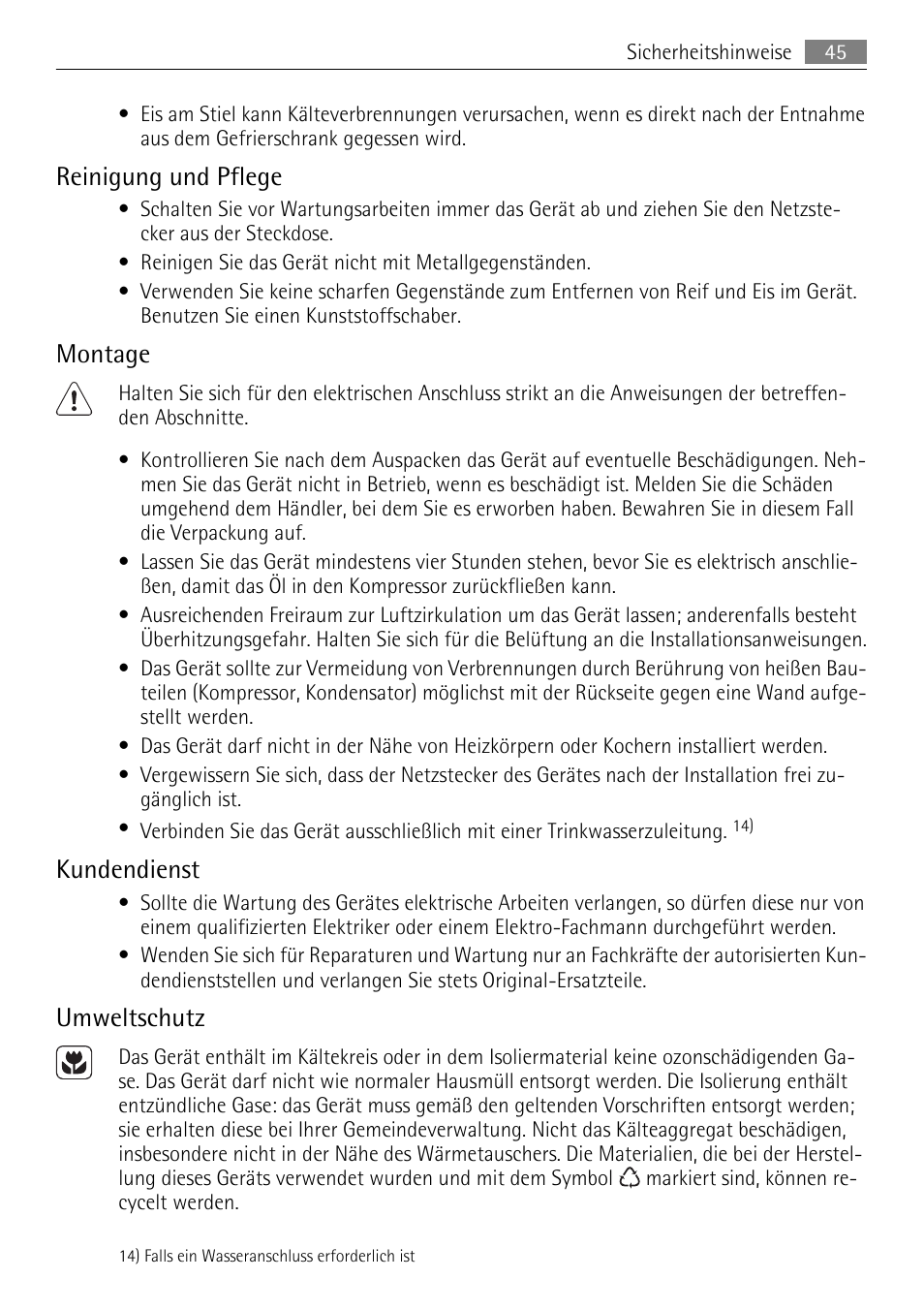 Reinigung und pflege, Montage, Kundendienst | Umweltschutz | AEG AGS58200F0 User Manual | Page 45 / 84