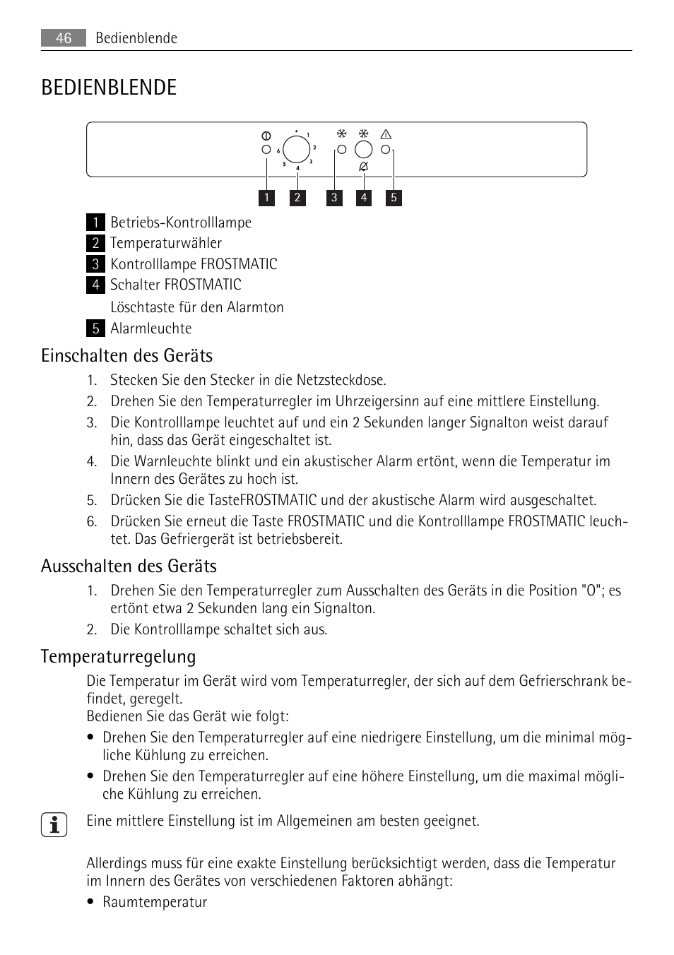 Bedienblende, Einschalten des geräts, Ausschalten des geräts | Temperaturregelung | AEG AGS58200F0 User Manual | Page 46 / 84