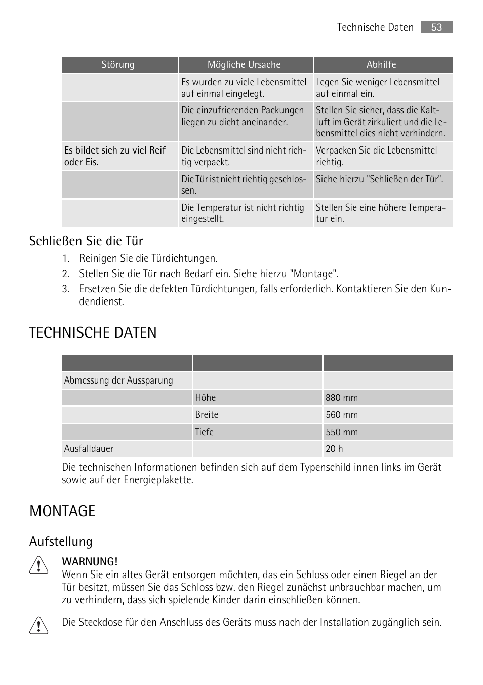 Technische daten, Montage, Schließen sie die tür | Aufstellung | AEG AGS58200F0 User Manual | Page 53 / 84