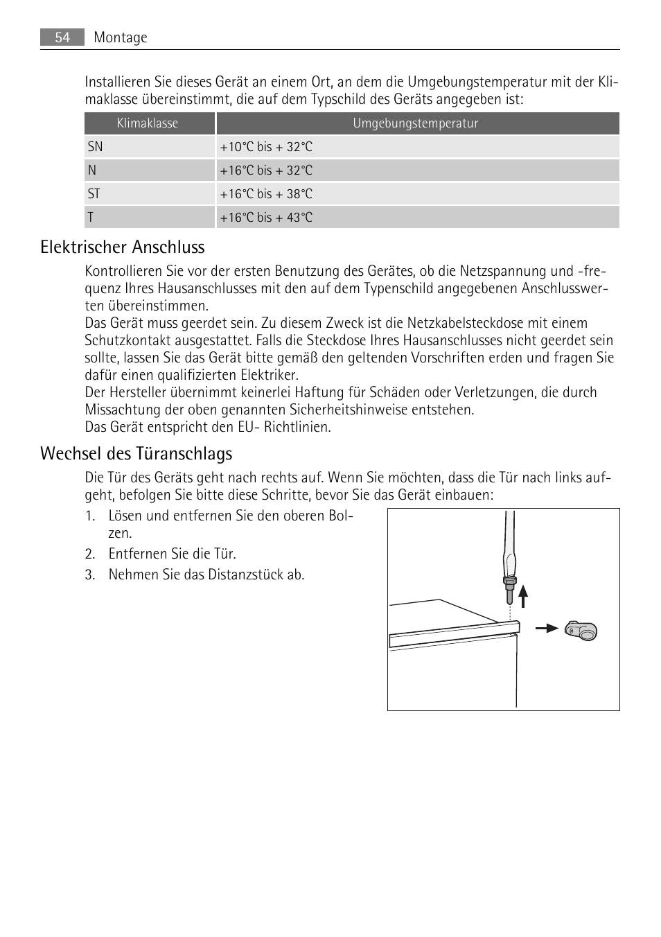 Elektrischer anschluss, Wechsel des türanschlags | AEG AGS58200F0 User Manual | Page 54 / 84