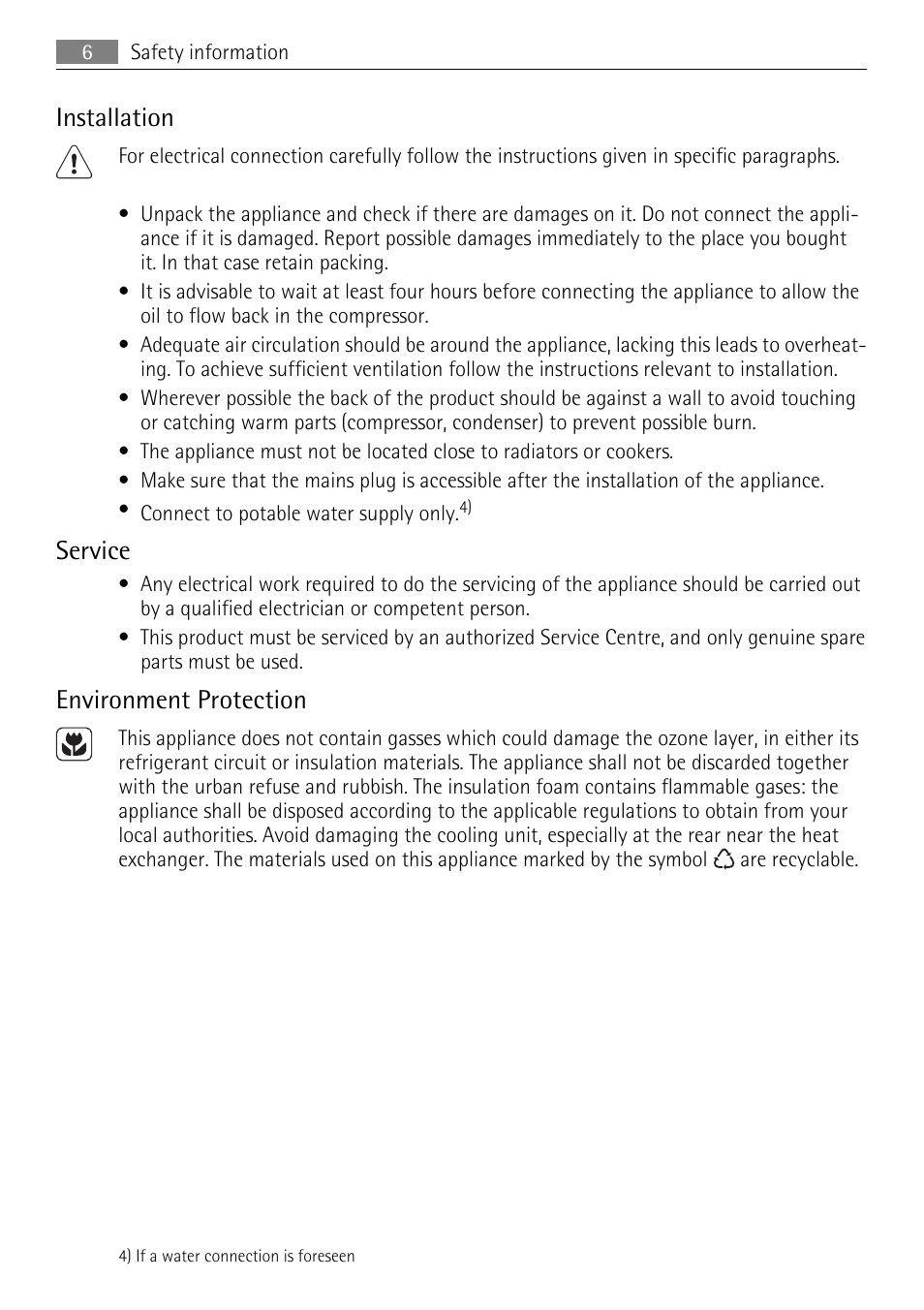 Installation, Service, Environment protection | AEG AGS58200F0 User Manual | Page 6 / 84