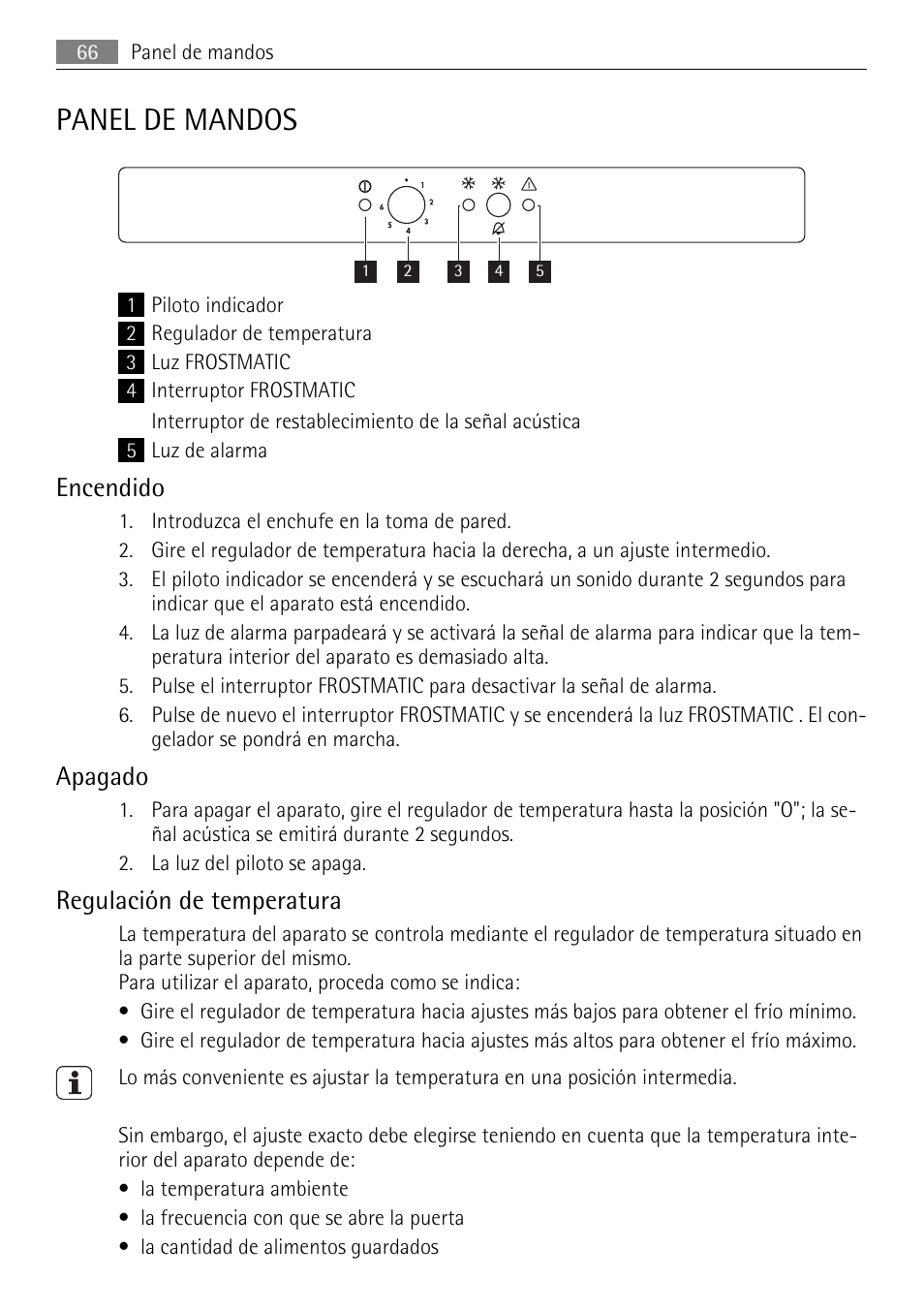 Panel de mandos, Encendido, Apagado | Regulación de temperatura | AEG AGS58200F0 User Manual | Page 66 / 84