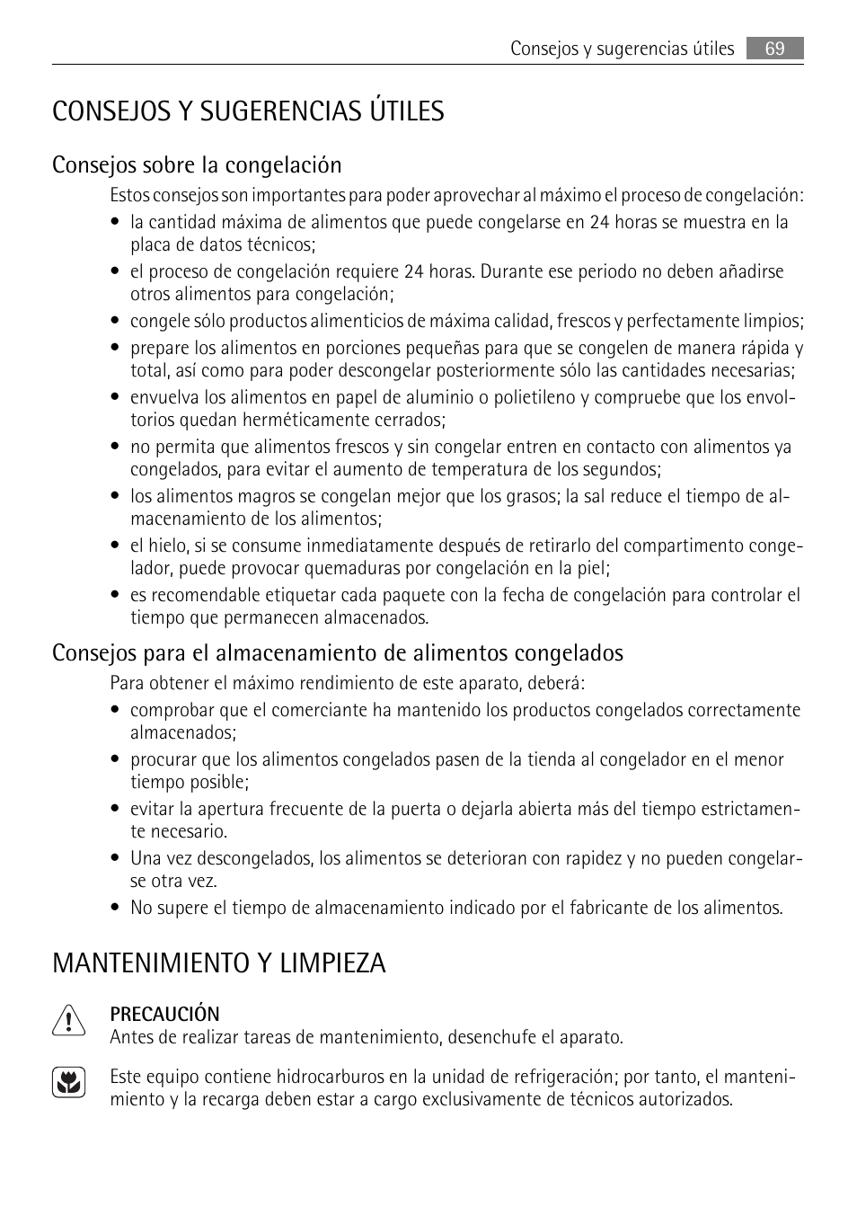 Consejos y sugerencias útiles, Mantenimiento y limpieza, Consejos sobre la congelación | AEG AGS58200F0 User Manual | Page 69 / 84