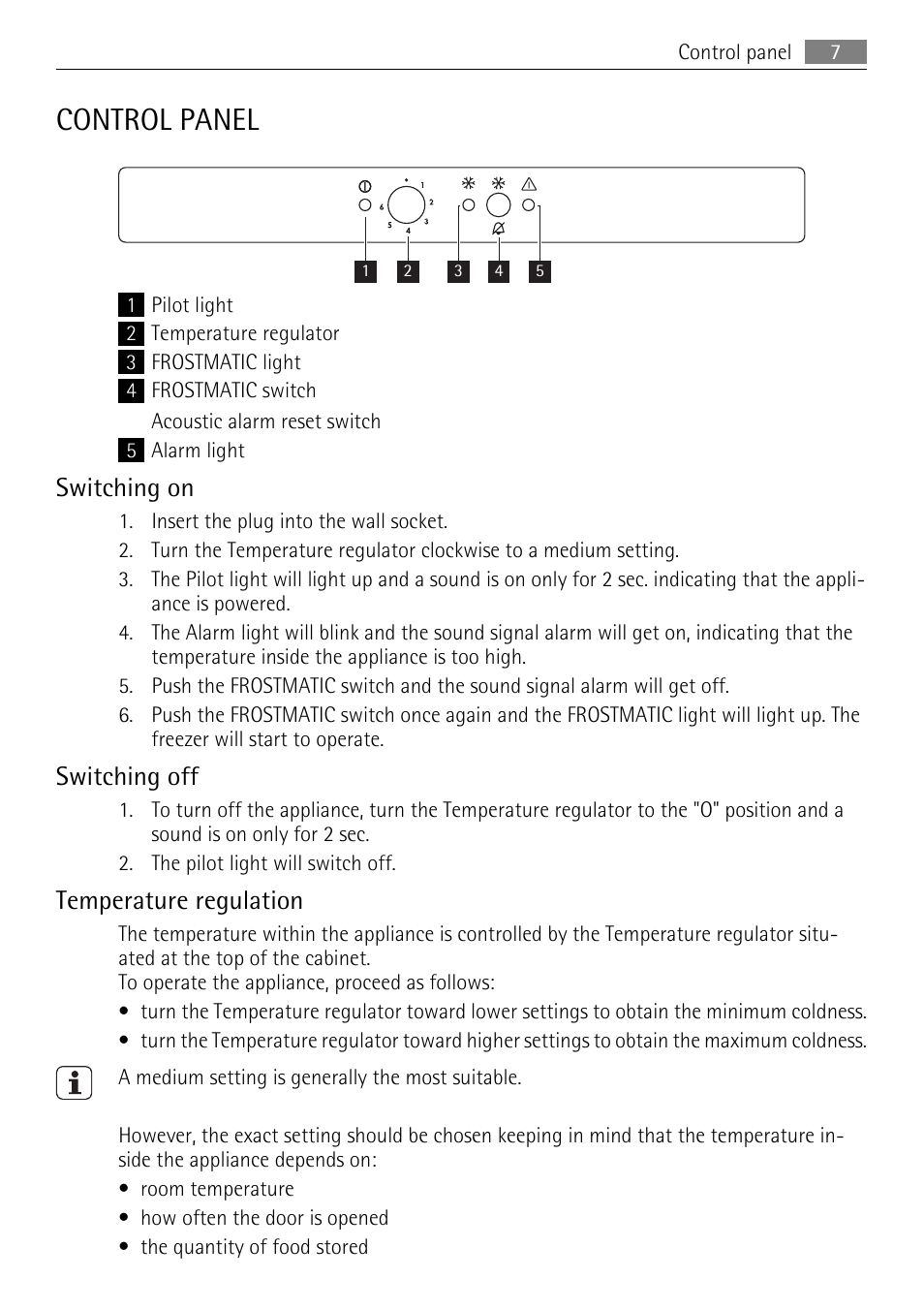 Control panel, Switching on, Switching off | Temperature regulation | AEG AGS58200F0 User Manual | Page 7 / 84