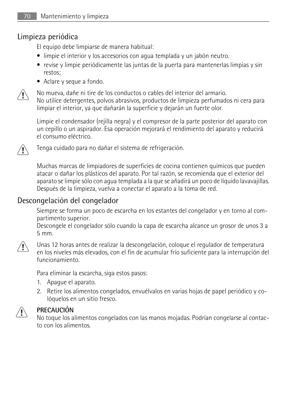 Limpieza periódica, Descongelación del congelador | AEG AGS58200F0 User Manual | Page 70 / 84