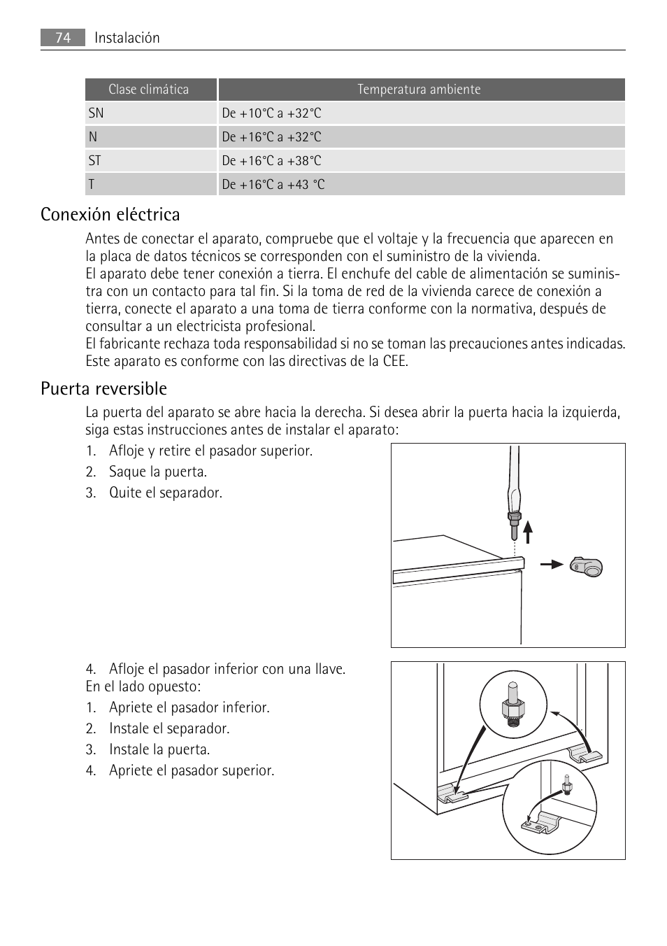 Conexión eléctrica, Puerta reversible | AEG AGS58200F0 User Manual | Page 74 / 84